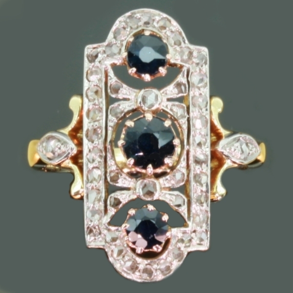 Vintage three stone engagement ring sapphires diamonds